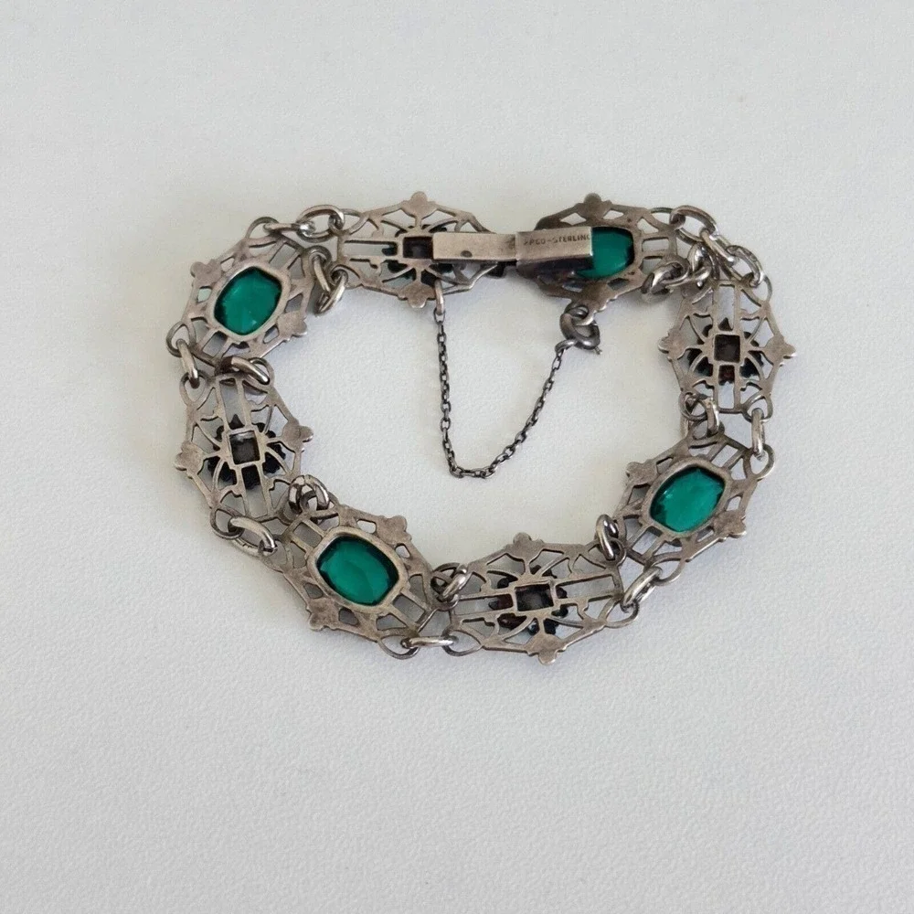 Antique Vintage Sterling Silver Enamel Flowers Emerald Green Glass Bracelet 6.5
